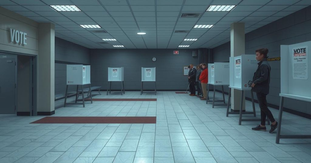Venezuelan polling station with few voters and empty voting booths, representing low election turnout.