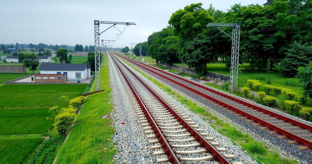 A serene landscape featuring railway tracks, surrounded by lush greenery under a clear blue sky, symbolizing development.
