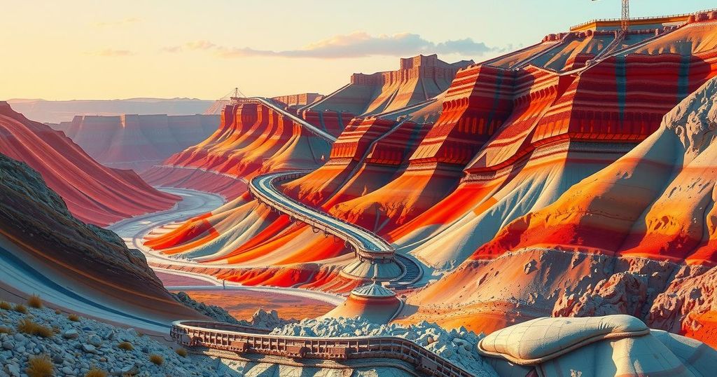 Abstract representation of exploration with a rugged landscape, colorful geological formations, and a sunset sky.