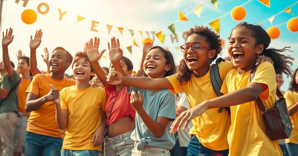 A vibrant scene capturing energetic youth engaged in dynamic group activities, filled with joy and spirit.