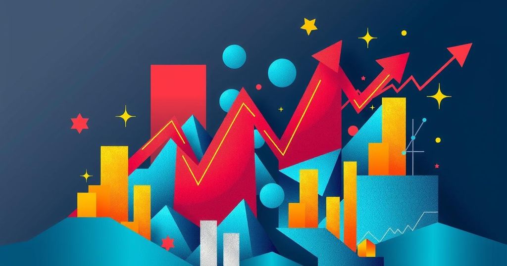 Colorful abstract depiction of Libya's market trends, with rising price indicators and economic elements.