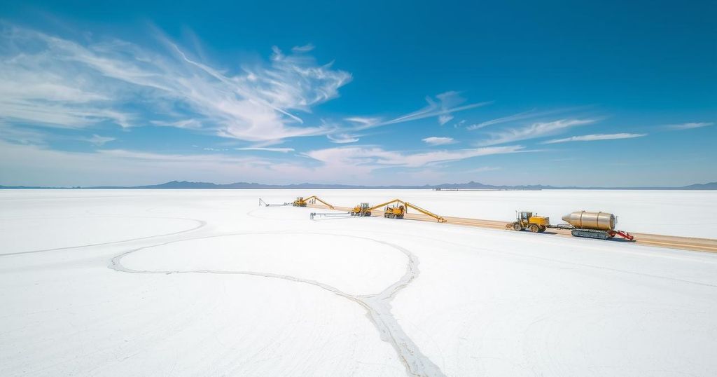Lithium mining in a vast salt flat with a bright blue sky and white terrain, showcasing mining operations and machinery.