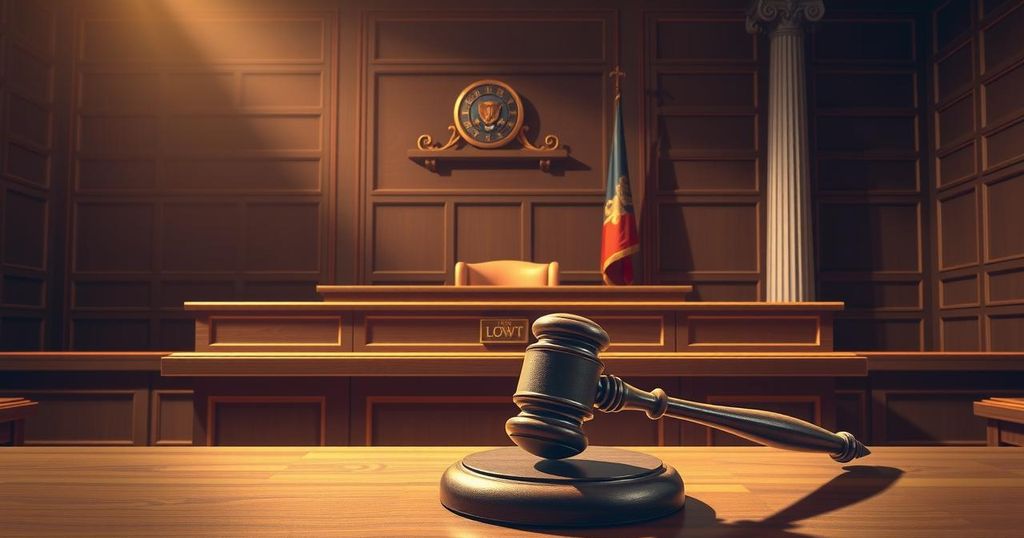 A gavel resting on a judge's bench in a courtroom setting, symbolizing justice and legal proceedings.
