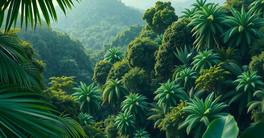 A vibrant landscape depicting the Amazon rainforest with lush greenery and wildlife, embodying environmental defense themes.