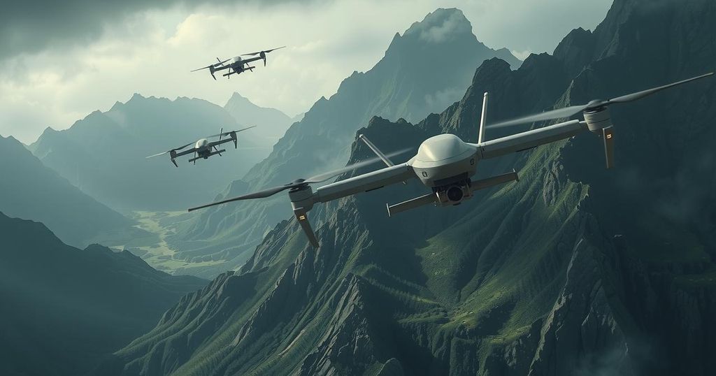 Aerial view of drones flying over a mountainous landscape, amid clouds, in a tension-filled atmosphere.