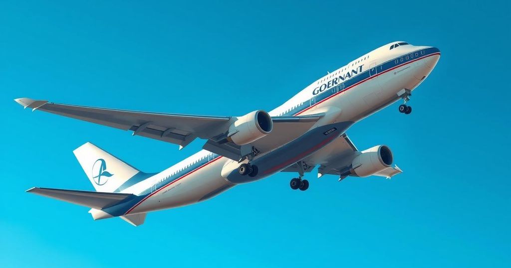 A regal Boeing 747 jet, jetting through a bright blue sky, symbolizing luxury and governmental power.