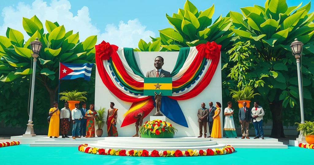 Ceremony commemorating Africa Day at Jose Marti Memorial in Havana with colorful decorations and cultural symbols.