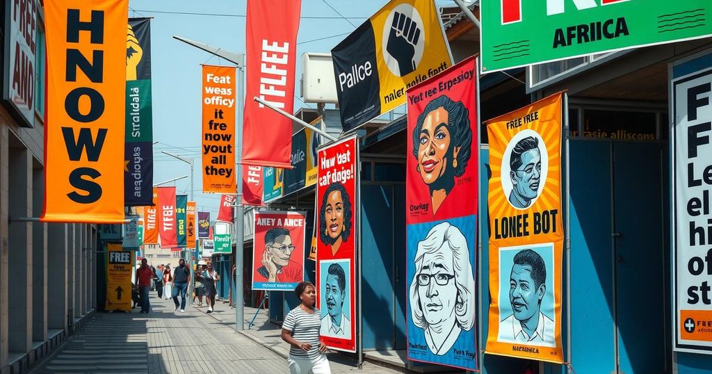 Banners with satirical artwork highlighting free expression and activism in East Africa, featuring bright colors and bold designs.