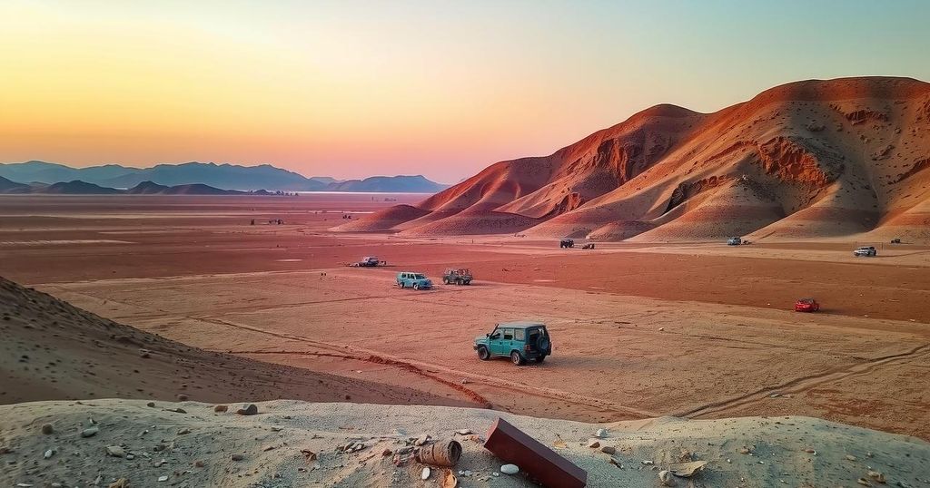 Barren hills of Tigray, Ethiopia under a pastel sunset sky with war-torn remnants, evoking somber emotions.