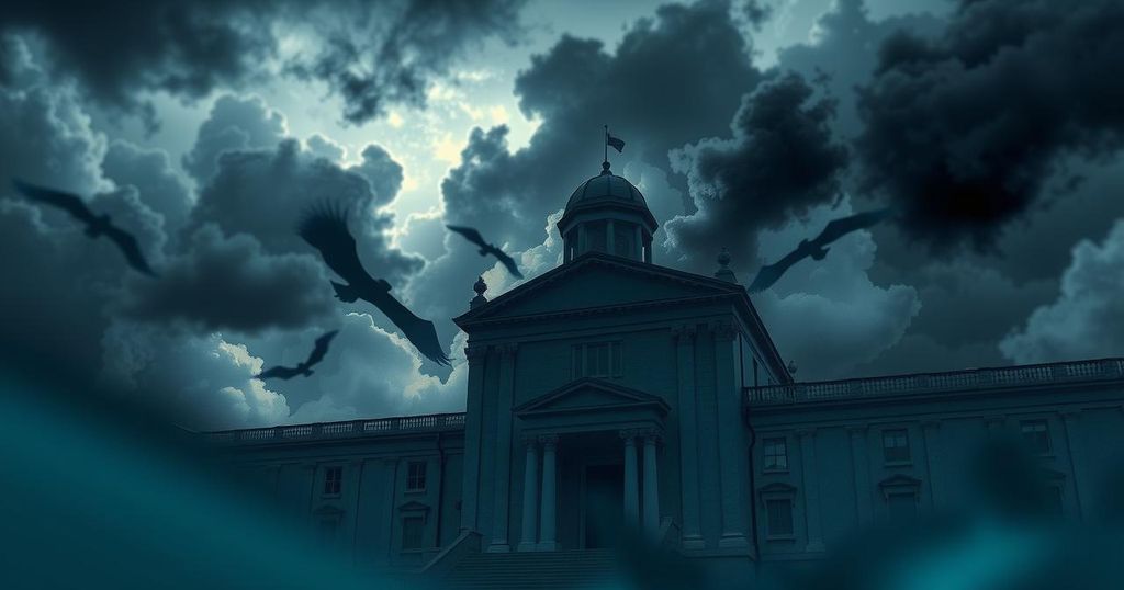 A silhouette of a military court building against a stormy sky, symbolizing tension in Uganda's justice system.