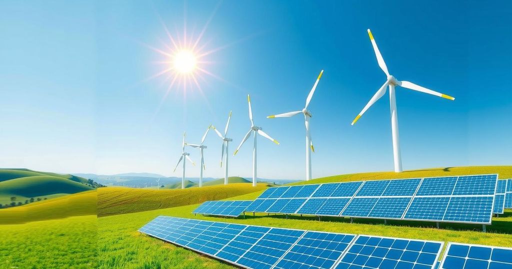 A vibrant energy landscape showcasing wind turbines and solar panels symbolizing China-LAC cooperative clean energy efforts.