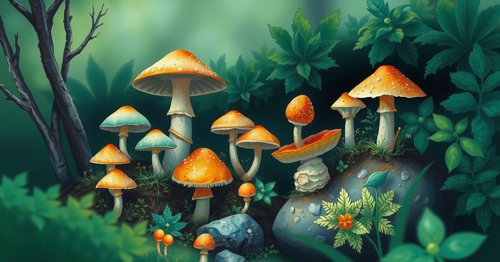 A serene landscape of a lush forest with vibrant mushrooms growing, set in pastel shades of green and blue, reflecting nature's beauty.
