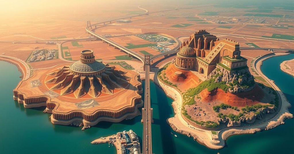 Aerial view of two neighboring landscapes, one representing Iraq and the other Syria, connected by a bridge, symbolizing peace.