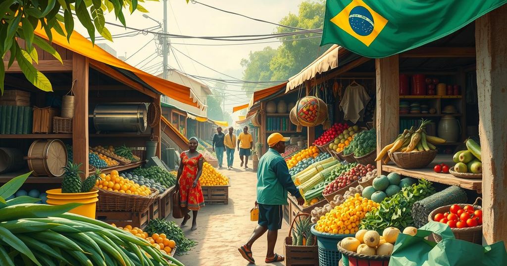 A vibrant marketplace showcasing trade and cooperation between Nigeria and Brazil, with agricultural and industrial elements.