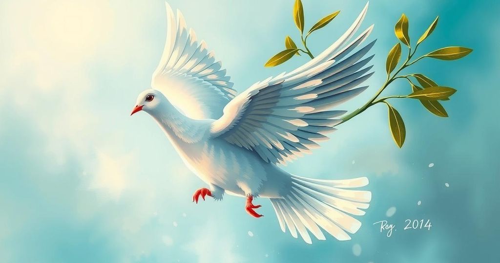A vibrant scene capturing the spirit of democracy with a symbolic dove and olive branch in soft colors representing unity.