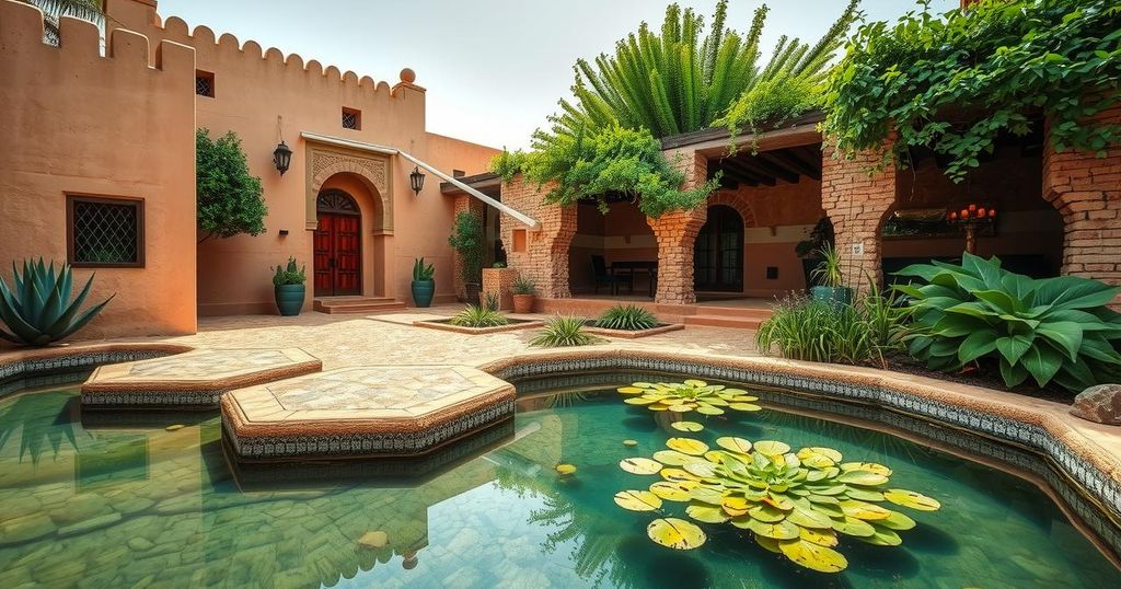 A serene Moroccan landscape with traditional architecture, natural pool, and lush greenery showcasing responsible tourism.