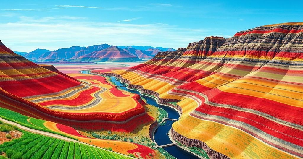 A vibrant landscape of rift valleys symbolizes the rhythmic activity beneath Ethiopia, illustrating tectonic shifts.