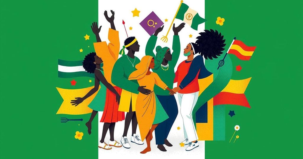 A vibrant abstract representation of unity and democracy in Nigeria, showcasing colorful symbols of freedom and resilience.
