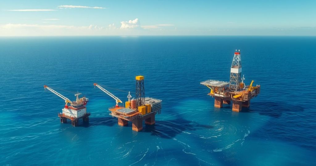 An offshore oil exploration scene depicting drilling rigs and ocean waves under a blue sky, representing industry growth.
