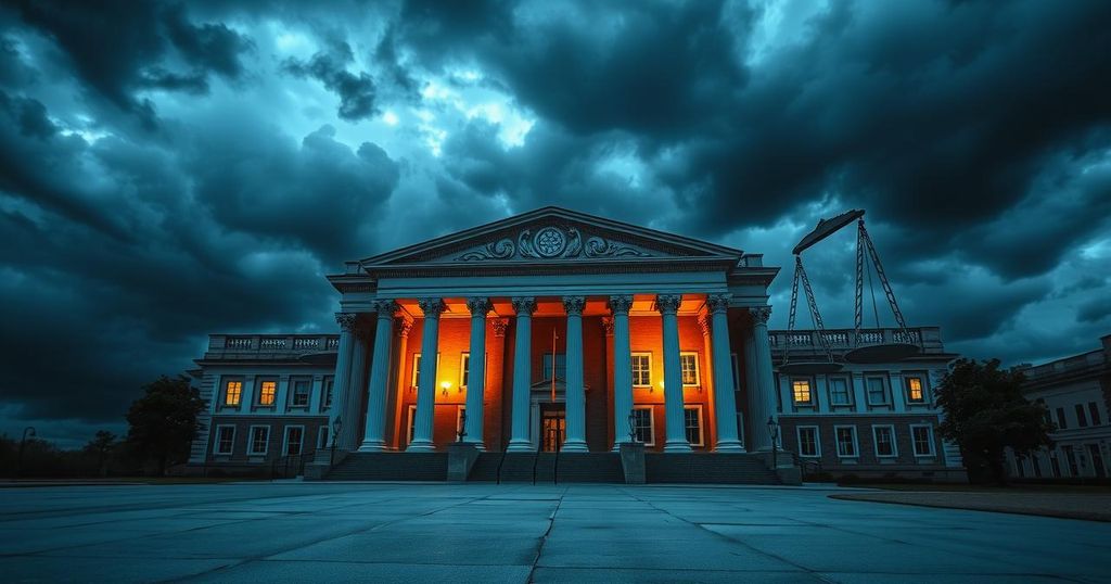 A university building surrounded by conflict with symbolic elements representing education and governance.