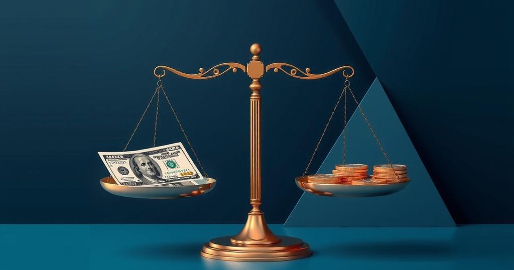 A conceptual representation of monetary policy reform featuring a balanced scale and financial symbols, in dark blue and gold tones.