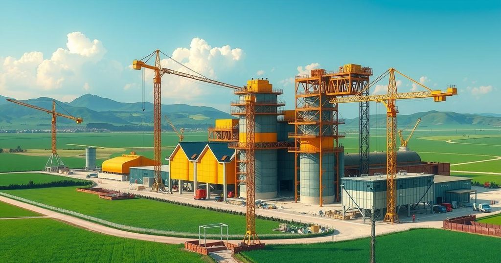 A gold refinery structure under construction in a rural setting, surrounded by lush greenery and mountains.