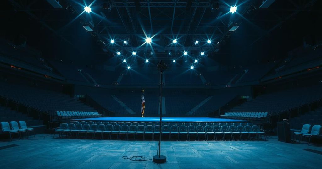 A dark and moody illustration of a campaign stage with flickering lights and empty chairs, set in a stadium.