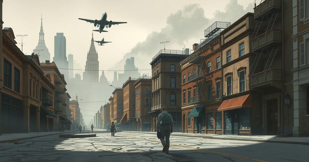 Desolate cityscape with abandoned streets, shuttered shops, and distant military aircraft in a muted color palette.
