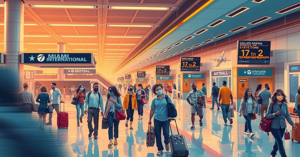 Miami International Airport with busy terminals reflecting travel restrictions impact.