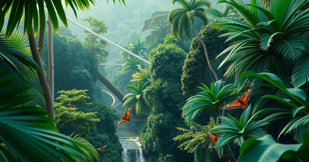 Serene Amazon rainforest with rich greenery, dense trees, and wildlife, symbolizing environmental preservation efforts.