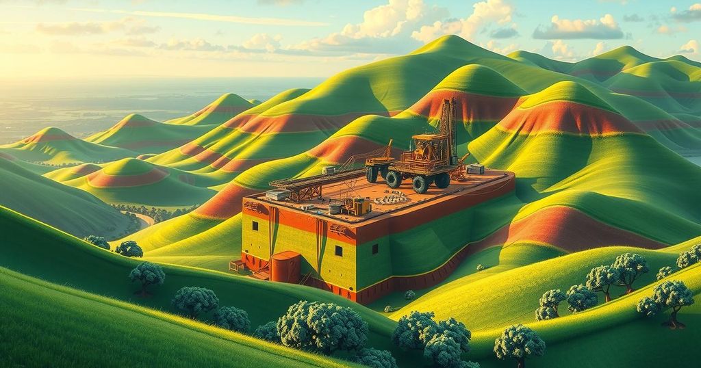 Illustration depicting a large oil and gas block in a lush, green landscape with rolling hills in Angola.
