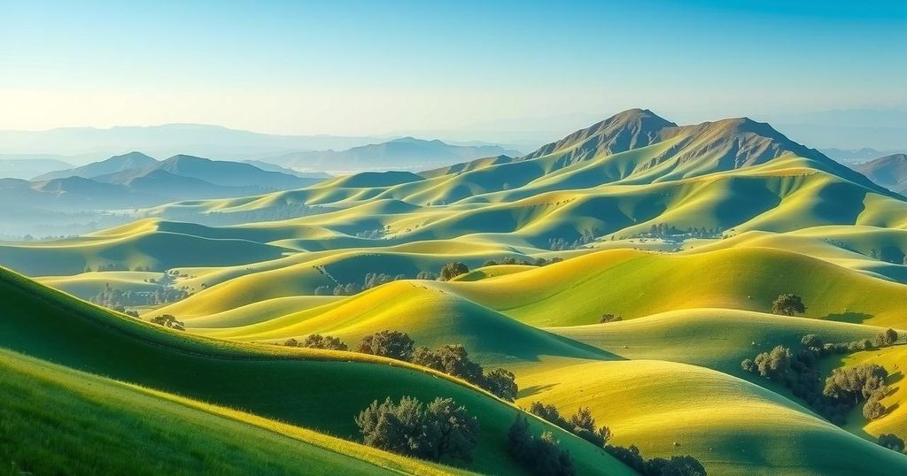 A soothing landscape of Ethiopian highlands under a peaceful sky, symbolizing diplomacy and unity.