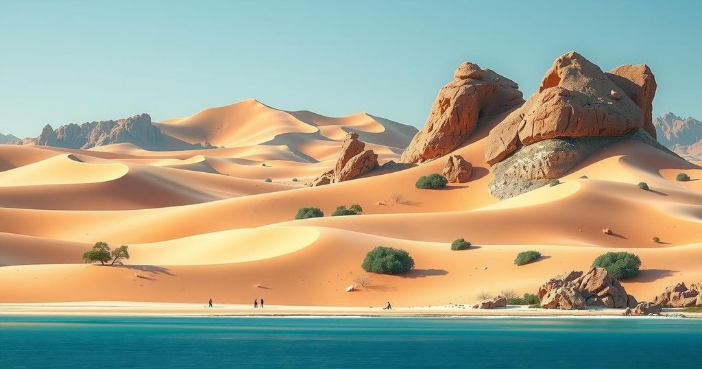 Depiction of the Sinai Peninsula under bright blue skies with vibrant landscapes and desert formations.