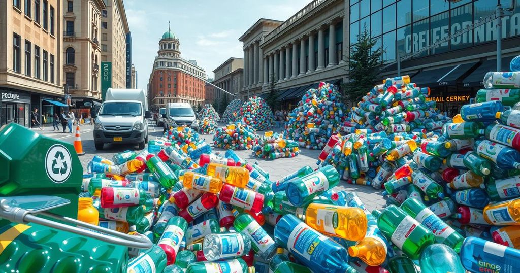 A vibrant plaza filled with colorful plastic bottles to illustrate recycling efforts and protest against wage cuts.
