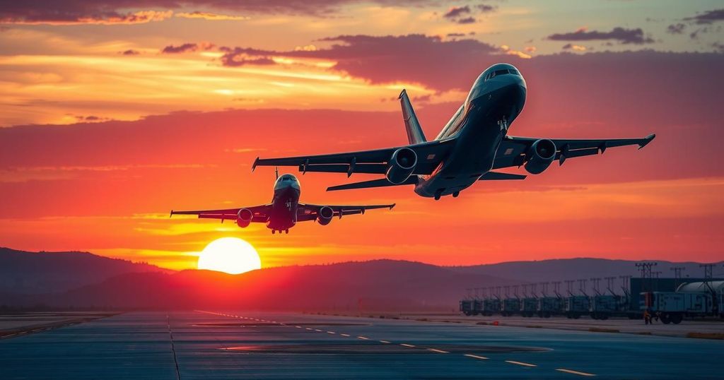 Two military planes departing from a base, surrounded by a vibrant sunset over an airfield.