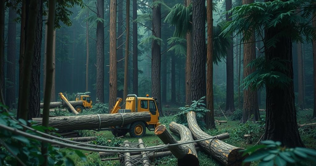 A dense forest landscape showing logging activities and equipment, emphasizing environmental impact and accountability.