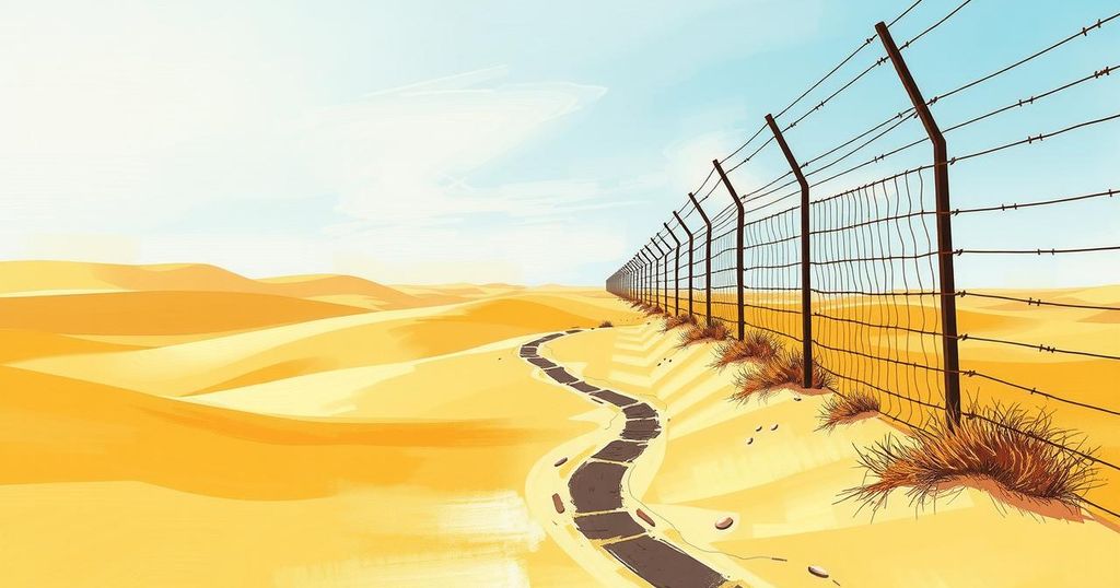 A peaceful border scene between Egypt and Gaza with barbed wire fencing and distant desert landscape.