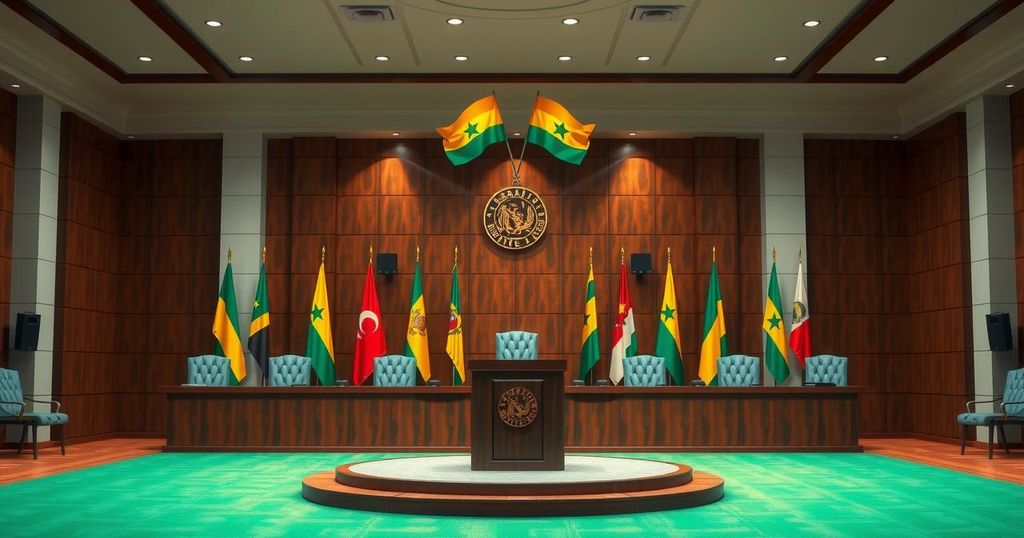 Ghana's Foreign Minister addressing Parliament in a formal setting with flags and official symbols in the background.