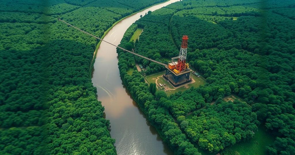 Aerial view of the Amazon Rainforest and the river, highlighting lush greenery and oil rigs in an eco-sensitive area.