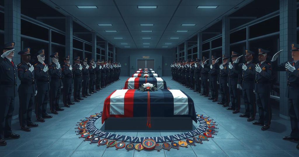 Memorial ceremony honoring fallen officers with caskets, medals, and white handkerchiefs in a solemn atmosphere.