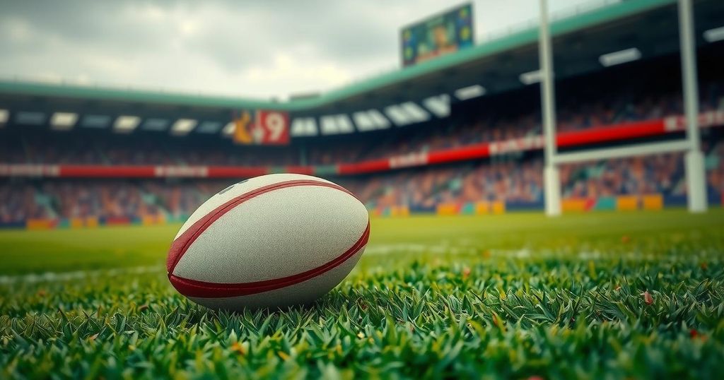 A rugby ball resting on a green field with a stadium background, evoking a sense of competition and sportsmanship.