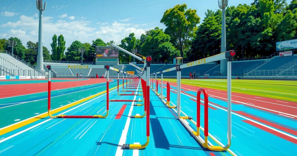 Track scene depicting hurdles, vibrant colors, and artistic blur suggesting movement and speed in a race setting.