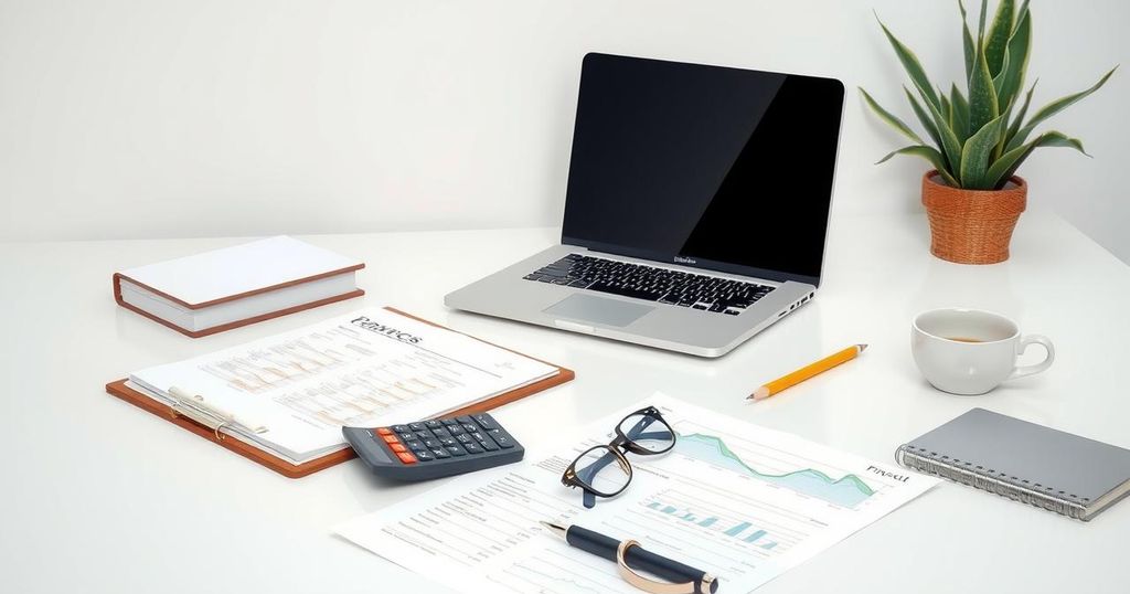 A tranquil office environment with financial documents, a calculator, and a laptop on a desk, symbolizing fiscal planning.