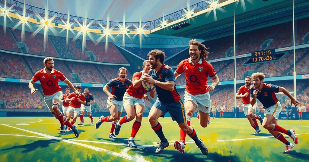 A dynamic rugby match scene featuring intense action between teams, with a vibrant atmosphere and deep color contrast.