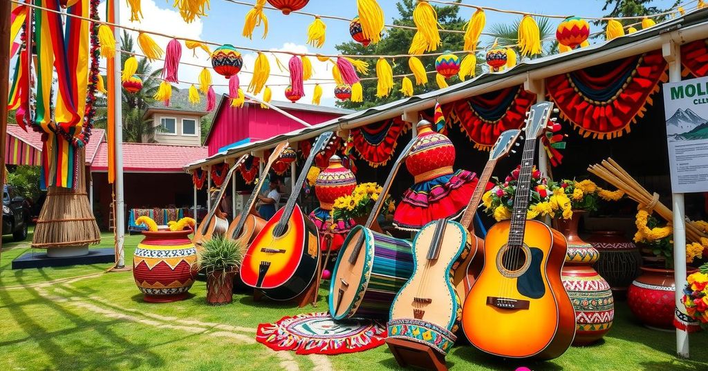 A vibrant celebration scene with colorful decorations, traditional music instruments, and a festive atmosphere representing Bolivian culture.