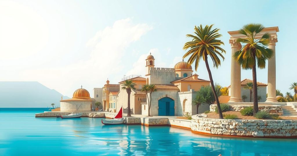 An artistic representation of Cyprus' landscape featuring natural beauty and cultural landmarks.