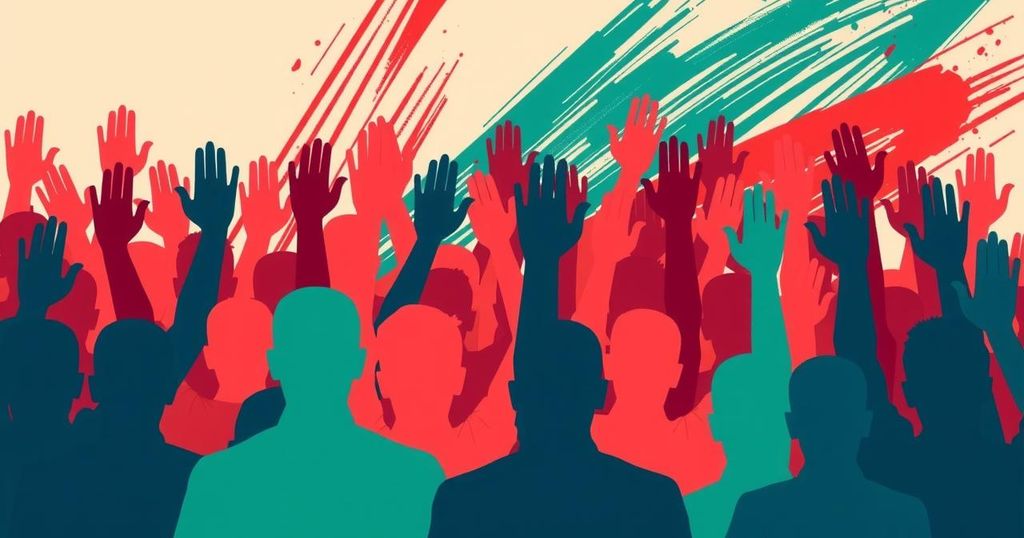 A digital art piece depicting a diverse crowd united in defiance, vibrant colors, and a modern abstract style.