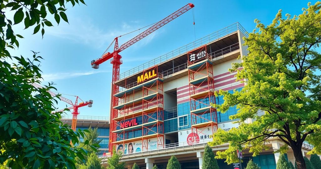 Construction site with cranes and scaffolding, showcasing a new mall development under blue sky and bright sunlight.