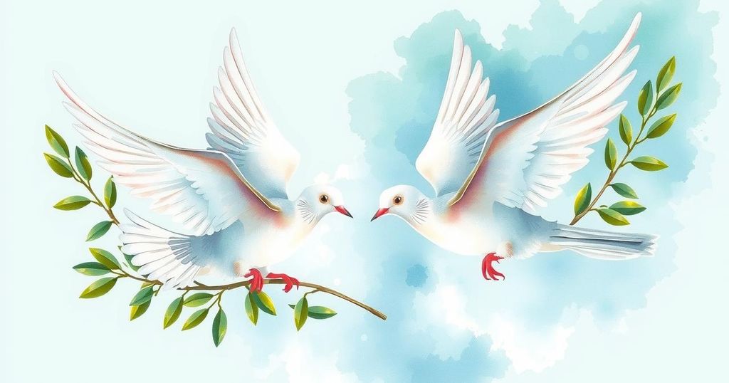 A symbolic representation of peace between nations with a focus on unity and dialogue, featuring doves and olive branches.