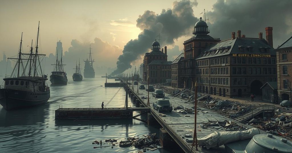 A war-torn port city with damaged docks surrounded by debris and dark smoke, symbolizing conflict and suffering.